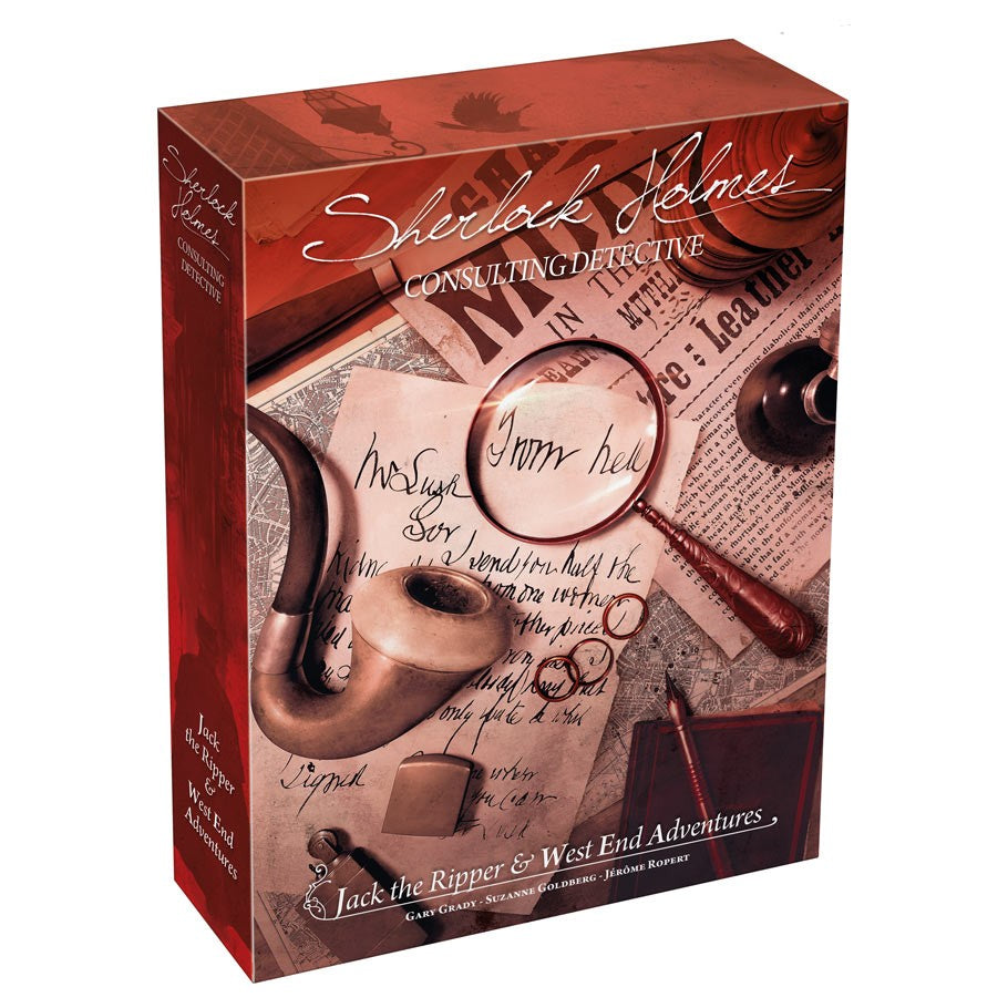 Sherlock Holmes: Jack The Ripper & West End Adventures - Sherlock Holmes board game box featuring magnifying glass, pipe, notebook, and quill on a wooden surface.