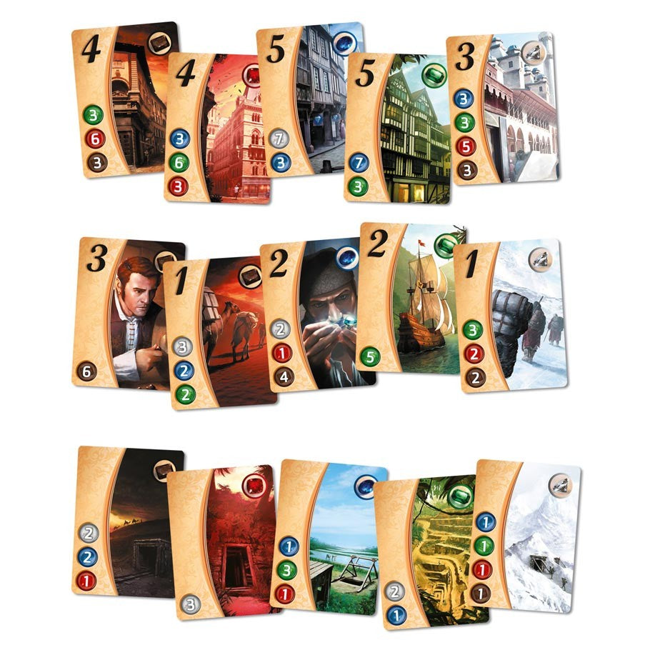 Splendor - Splendor game cards with colorful gem icons, numbers, and Renaissance-themed illustrations arranged in rows.