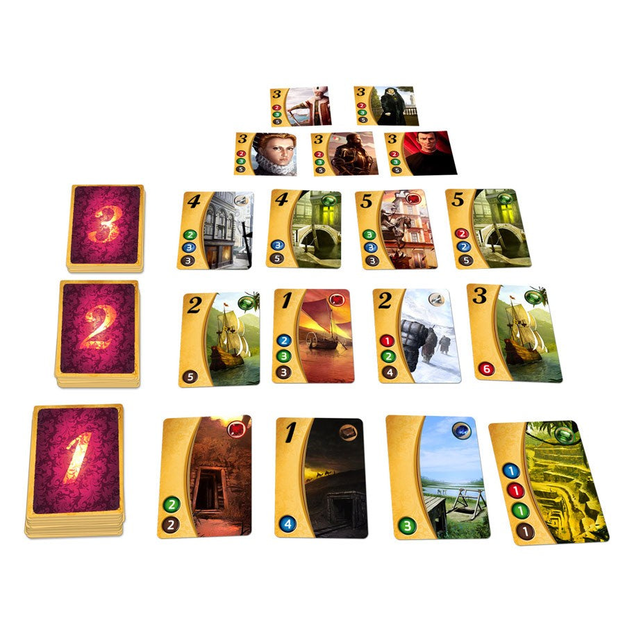 Splendor - Splendor board game setup with gem tokens and illustrated development cards arranged in pyramid tiers on white background.