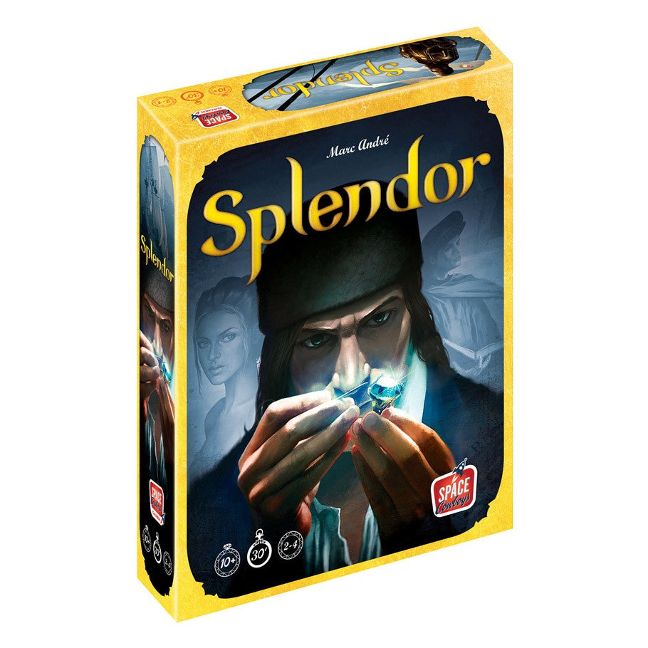 Splendor - Splendor board game box with a man holding glowing gems on a dark blue and yellow background.