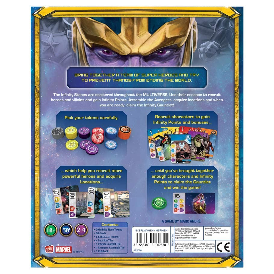 Marvel Splendor - Board game box back with Thanos illustration, blue and yellow color scheme, text and images showing game tokens, cards, and.