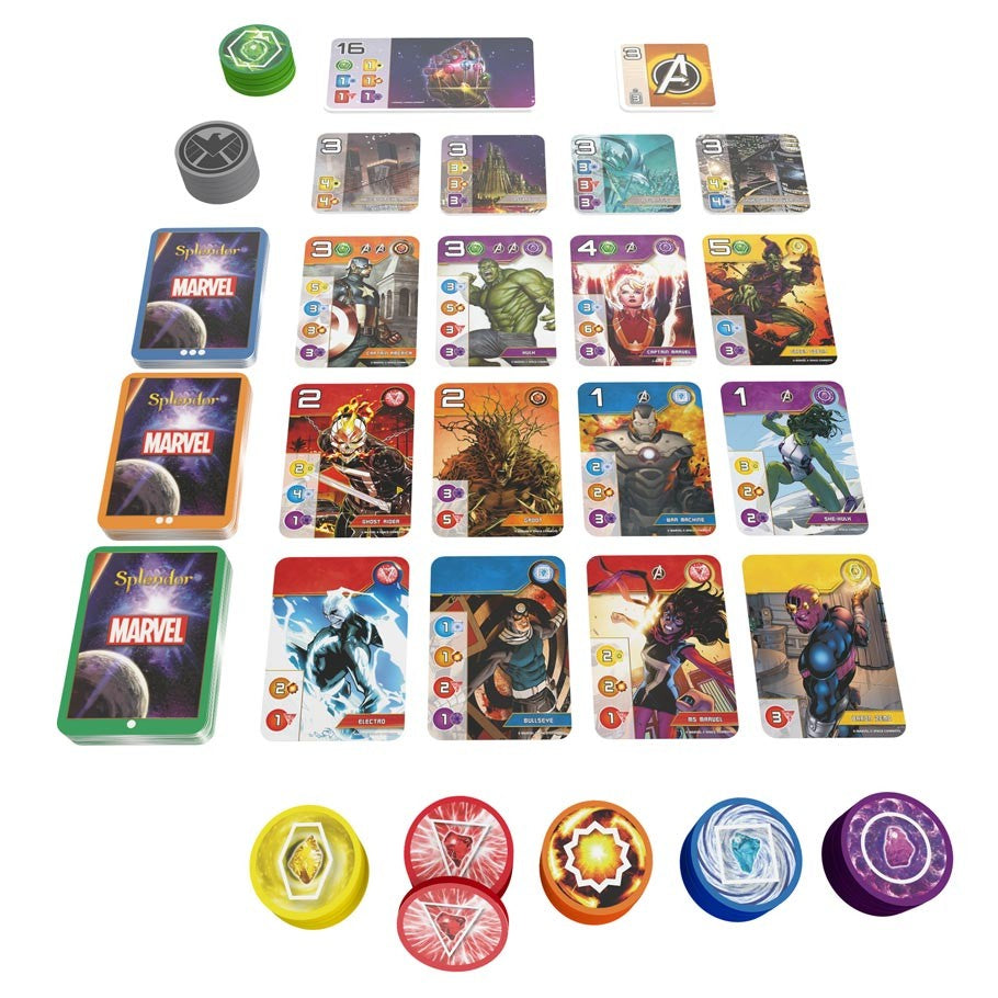 Marvel Splendor - Marvel Splendor board game components with hero and gem cards, colorful tokens, and character illustrations laid out on a.