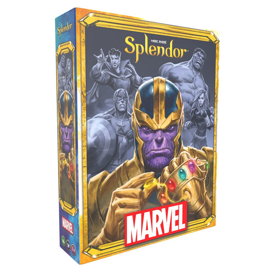 Marvel Splendor - Splendor Marvel edition box featuring Thanos with Infinity Gauntlet and other Marvel heroes on dark background.