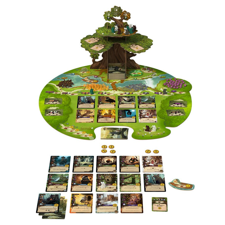 Everdell 3rd Ed - Everdell 3rd Edition board game with 3D tree centerpiece, colorful cards, tokens, and game board pieces arranged on playing.