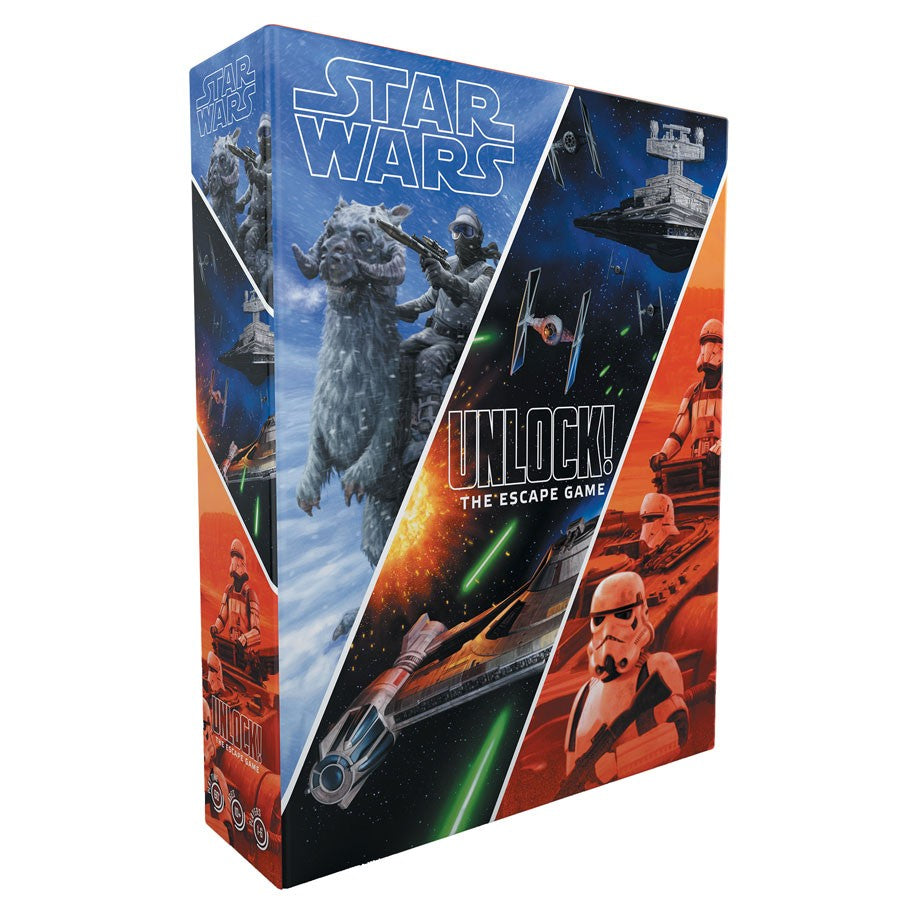Unlock! Star Wars - Star Wars-themed Unlock! Escape game box with iconic characters and starships on a blue and orange background.