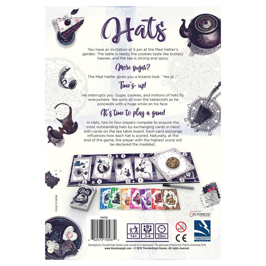 Hats - Card game set with illustrated hats on cards, featuring black-and-white drawings and colorful game pieces on a white.
