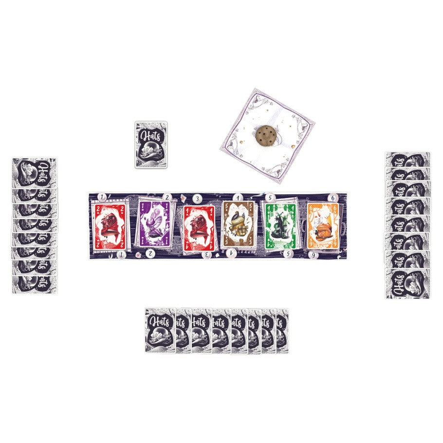 Hats - Hats card game with colorful cards featuring hats and black-and-white character cards arranged on white background.