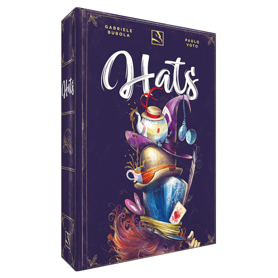 Hats - Dark purple card game box featuring whimsical hats stacked vertically and stylized "Hats" text on front.