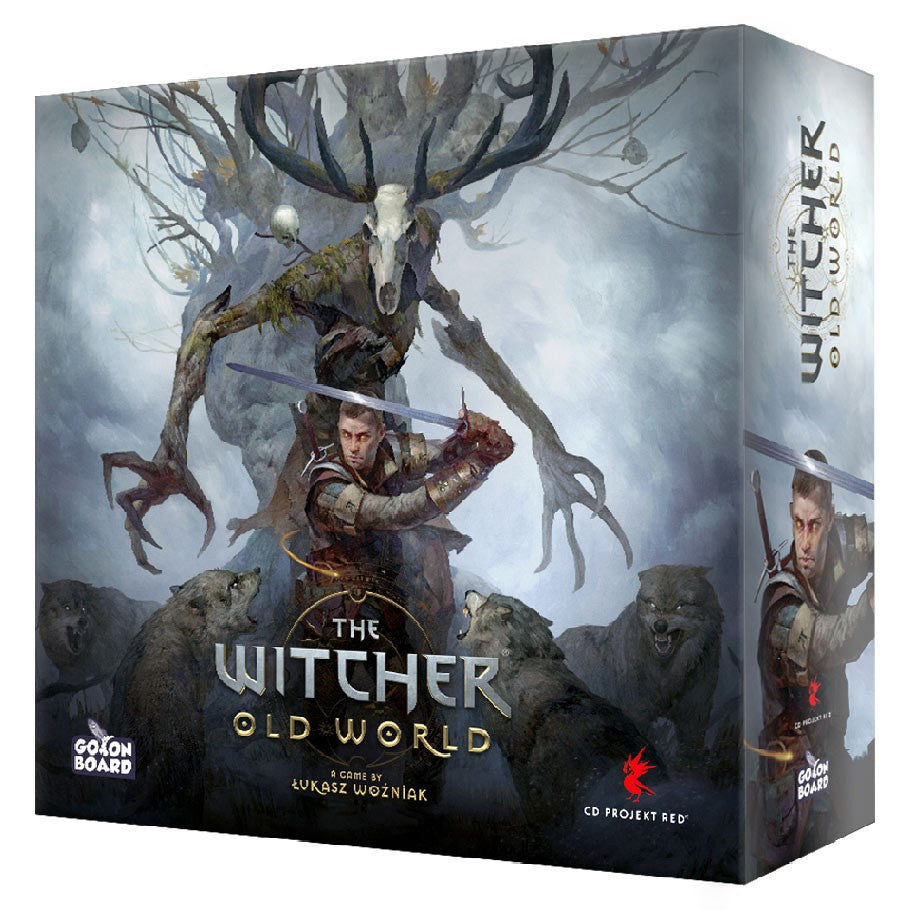 The Witcher Old World - The Witcher Old World board game box featuring Geralt fighting a large skeletal monster with antlers in a dark forest setting.
