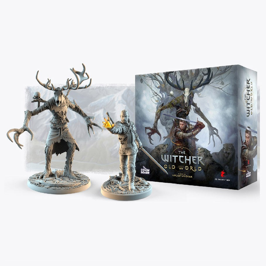 The Witcher Old World: Deluxe Edition - The Witcher Old World Deluxe Edition board game box with detailed collectible figurines of a stag-headed monster and armed.