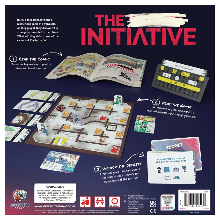 The Initiative - The Initiative board game laid out with board, cards, dice, and game pieces on a dark surface.