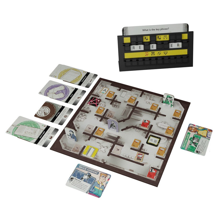 The Initiative - The Initiative board game setup with a modular board, character cards, mystery cards, and a decoding device displaying.