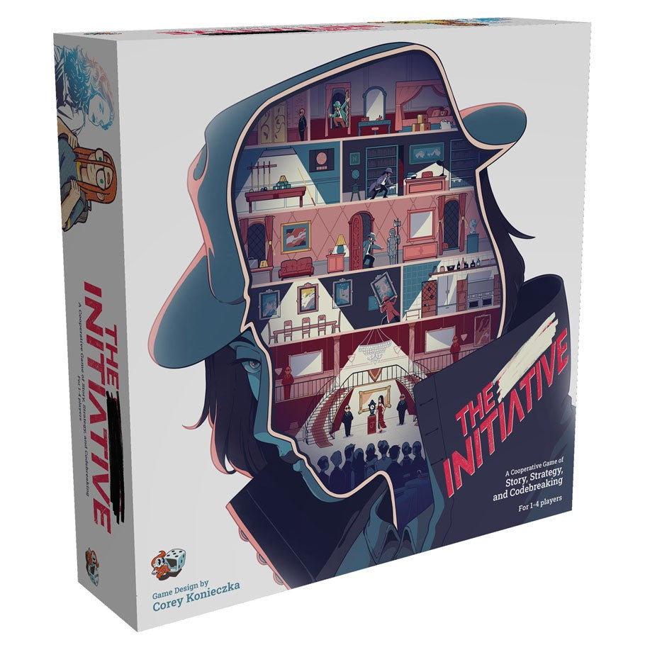 The Initiative - The Initiative board game box featuring a silhouette of a detective with detailed house rooms inside and red title text.
