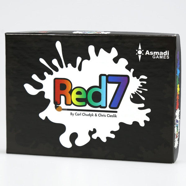Red7 - Red7 card game box with colorful logo on a black background by Asmadi Games.