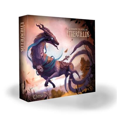 Etherfields: Alternative Creatures of Etherfields - Etherfields board game expansion box featuring a dark purple dragon with flowing mane on a misty forest background.