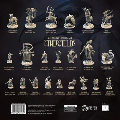 Etherfields: Alternative Creatures of Etherfields - Collection of detailed gray resin miniatures from Etherfields Alternative Creatures expansion displayed on black background.