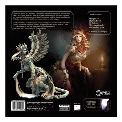 Etherfields: Sphinx Campaign - Sphinx Campaign board game box back showing detailed sphinx and female character miniatures with game components list and.