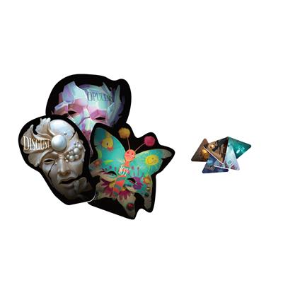 Etherfields: Sphinx Campaign - Four irregularly shaped colorful game cards with mystical and fantasy artwork, plus a small pile of triangular tokens with.