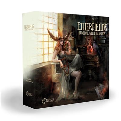 Etherfields: Funeral Witch Campaign - Etherfields Funeral Witch Campaign board game box with dark fantasy illustration of a horned woman in a dimly lit room.
