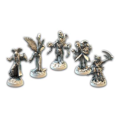 Etherfields: Advanced Heroes - Five detailed metallic miniature figures depicting fantasy warriors and creatures on round bases.