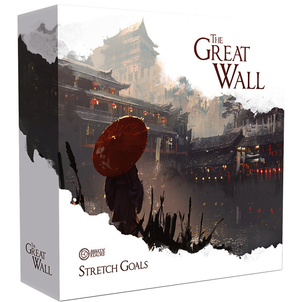 The Great Wall: Stretch Goals - Stretch Goals expansion featuring a lone figure with a red umbrella overlooking a detailed ancient Chinese fortress at dusk.