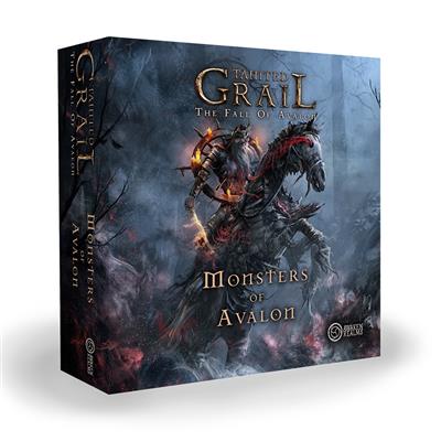 Tainted Grail: Monsters of Avalon - Monsters of Avalon board game box featuring a dark armored knight on a fiery horse against a stormy background.