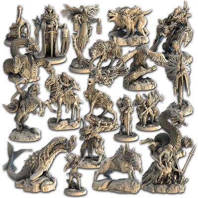 Tainted Grail: Monsters of Avalon - Set of intricately detailed beige fantasy miniatures depicting monsters and mythical creatures on round bases.