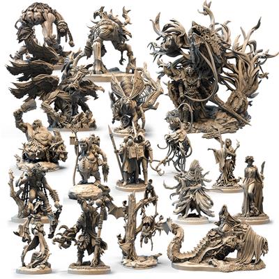 Tainted Grail: Monsters of Avalon 2 - Intricately detailed gray miniatures featuring fantastical monsters and warriors from Avalon, posed dynamically.
