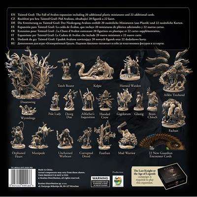 Tainted Grail: Monsters of Avalon 2 - Board game expansion box cover with detailed fantasy monster miniatures in beige and brown tones on a dark background,.