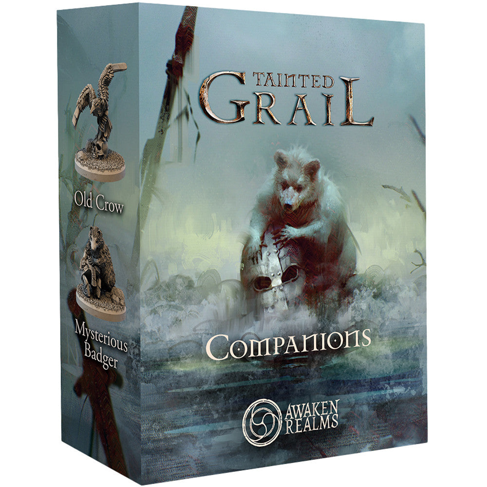 Tainted Grail: Companions - Tainted Grail Companions expansion box with bear, mask, and foggy forest artwork.