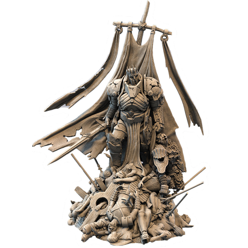 Tainted Grail: King Arthur - Detailed gray resin miniature of an armored warrior holding a sword, standing atop a pile of defeated foes with tattered.