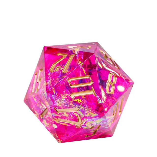 33mm Fuchsia Shimmer D20 - 33mm translucent fuchsia d20 dice with gold numbers and iridescent shimmer flecks.