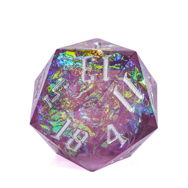 33mm Opal Shimmer D20 - 33mm translucent purple d20 with opal shimmer and white numbers, multifaceted giant dice.