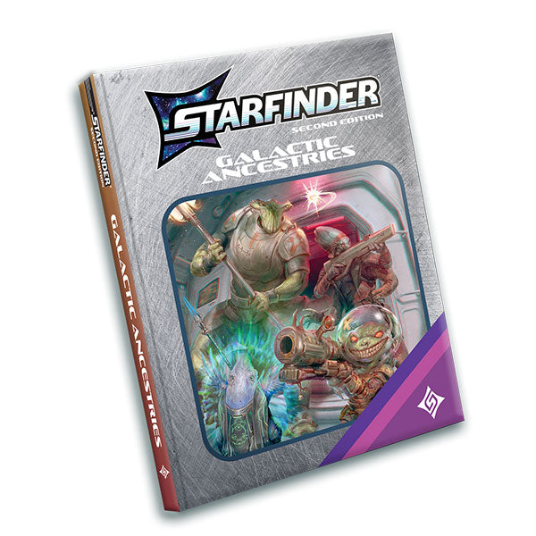 Starfinder 2E: Galactic Ancestries Retailer Edition (PREORDER) - Softcover Starfinder 2E book with futuristic creatures illustration on a silver-gray background and purple accent.
