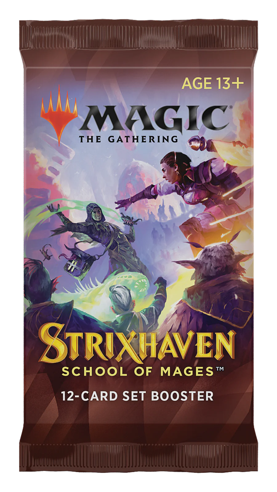 Magic: The Gathering - Strixhaven: School of Mages Set Booster Pack - The Gathering Strixhaven School of Mages booster pack with colorful fantasy artwork and brown top seal.