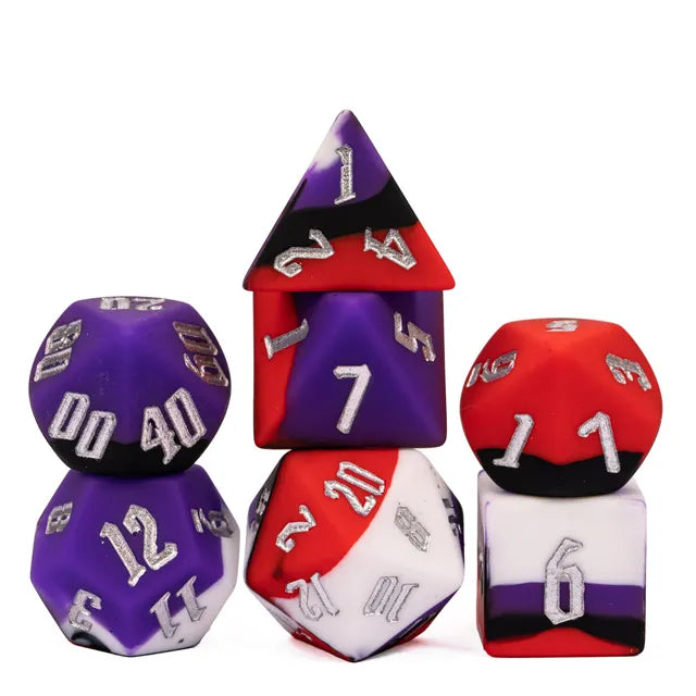Bouncy Dice Set - E - Set of six bouncy dice in purple, red, white, and black with white and silver numbers.