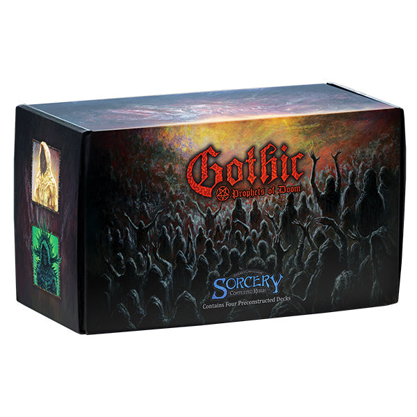 Sorcery: Contested Realm - Gothic Precon Box - The Prophets of Doom (PREORDER) - Rectangular game box with dark gothic artwork showing a crowd of shadowy figures and fiery sky, titled Gothic Precon Box in.