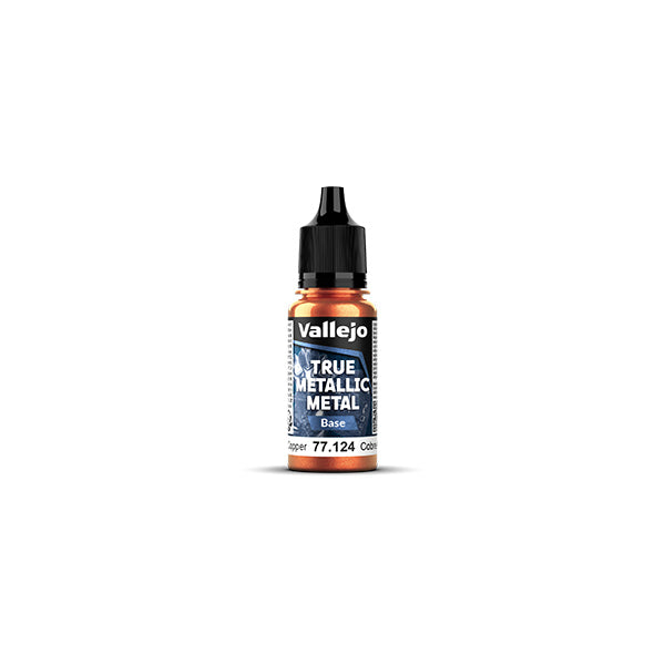 Vallejo True Metallic Metal Base: Ancient Copper (18ml) - Small dropper bottle of Vallejo True Metallic Metal Base paint in Ancient Copper color with black cap and blue label.