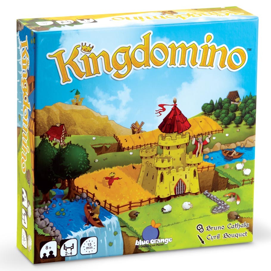 Kingdomino - Kingdomino game box featuring a castle, river, trees, sheep, and a knight in colorful cartoon style.