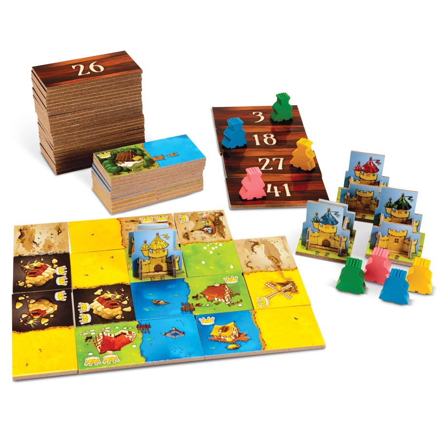 Kingdomino - Kingdomino board game with colorful square tiles, wooden player tokens, and numbered wooden scoring blocks.