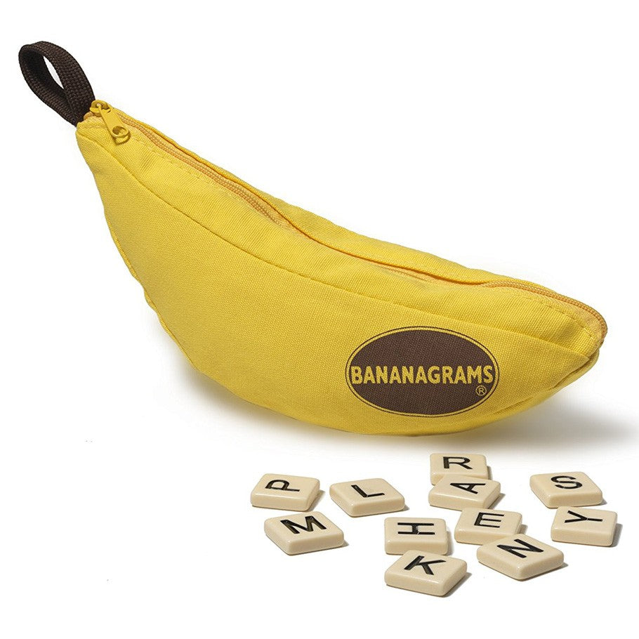 Bananagrams - Yellow banana-shaped zippered pouch with Bananagrams logo and scattered wooden letter tiles.