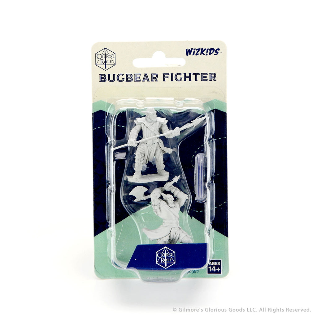 Critical Role Mini: Bugbear Fighter Male - Unpainted gray plastic Bugbear Fighter miniature with ax and shield in blister pack.
