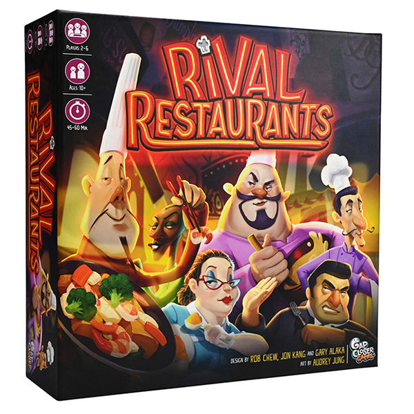 Rival Restaurants - Colorful Rival Restaurants board game box featuring animated chef characters and vibrant food illustrations on a dark.