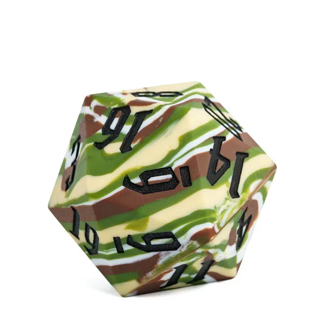 Giant Bouncy D20 - Camo Stripes - Giant 20-sided dice with green, brown, and tan camo stripe pattern and black numbers.