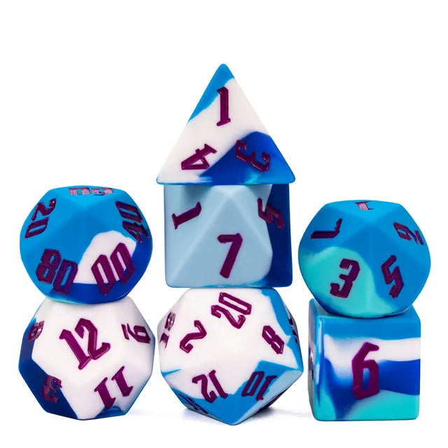 Bouncy Dice Set - D - Set of seven blue and white bouncy polyhedral dice with purple numbers including d4, d6, d8, d10, d12, d20, and percentile.