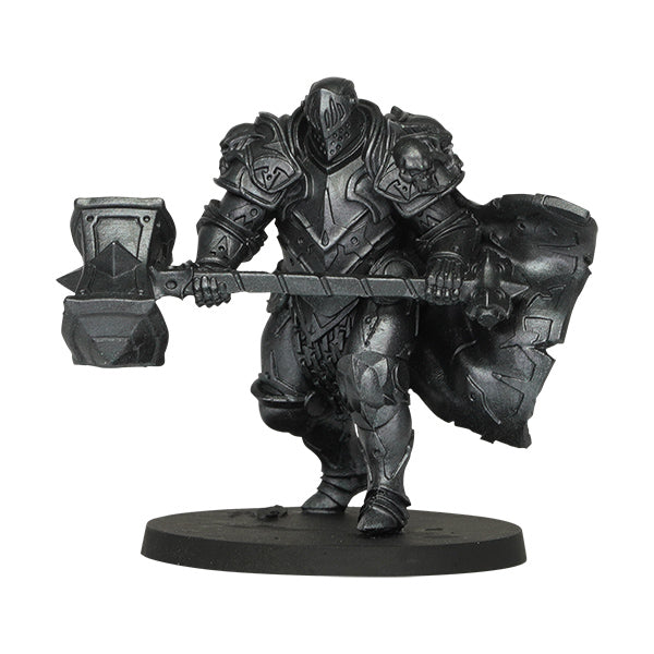Vallejo True Metallic Metal Airbrush: Obsidian Black (18ml) - Black metallic armored warrior miniature holding a large hammer and shield on round base.