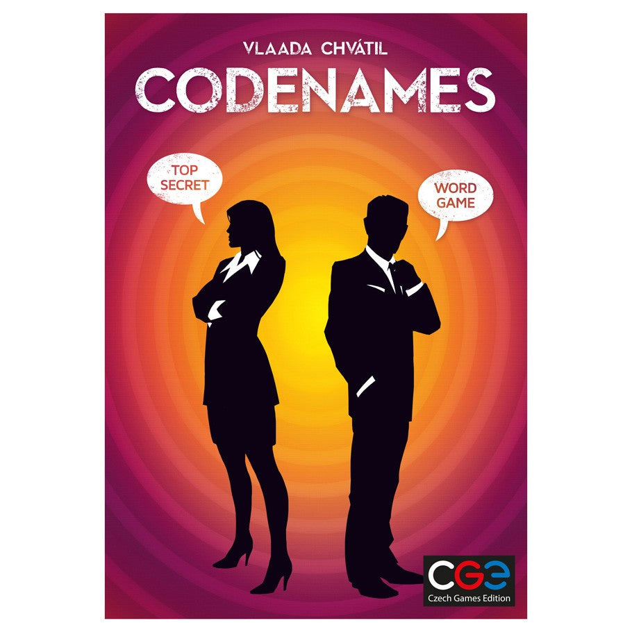 Codenames - Codenames board game box with silhouetted man and woman against orange and purple spiral background.