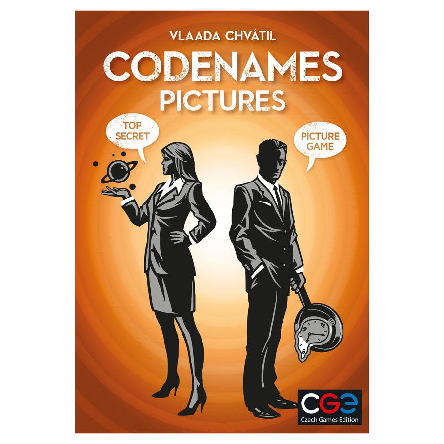 Codenames: Pictures - Pictures game box with orange background, silhouette of woman holding camera and man holding mask, logo at bottom right.