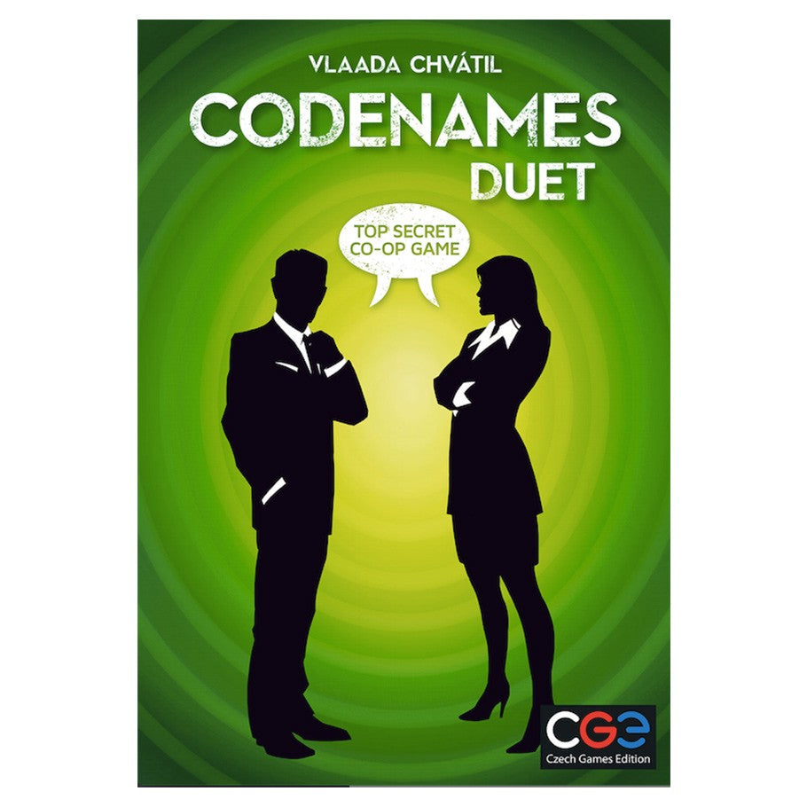 Codenames: Duet - Duet board game box with green background and silhouettes of a man and woman facing each other.