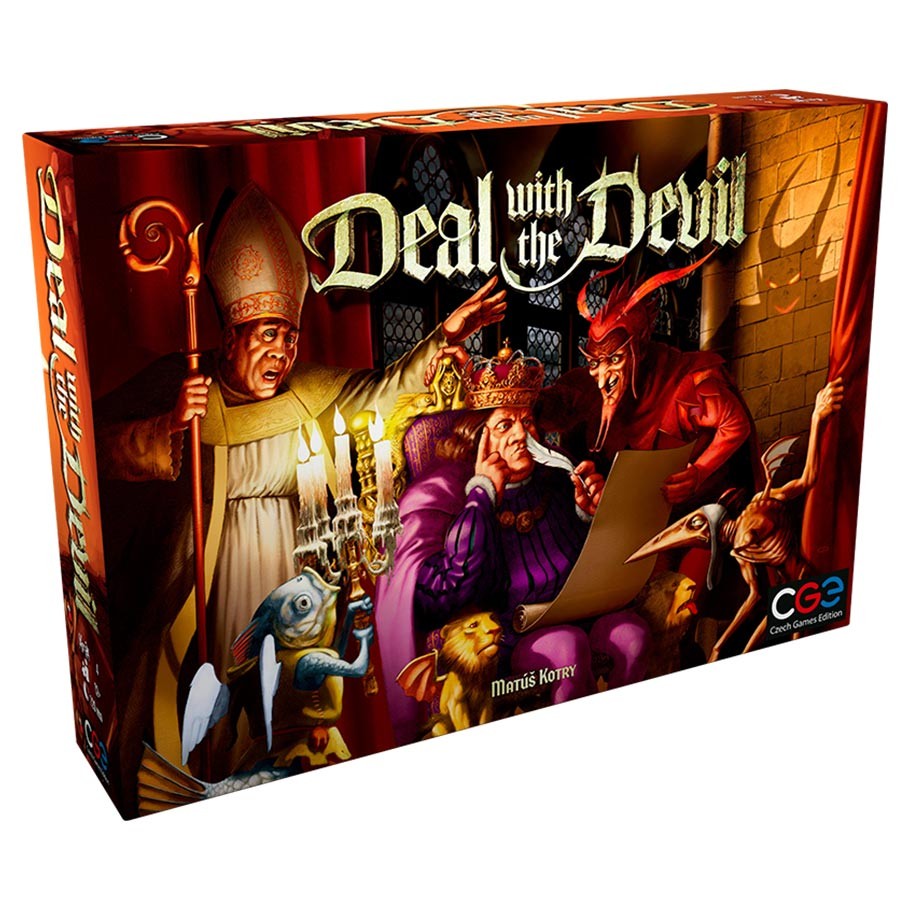 Deal with the Devil - Deal with the Devil board game box featuring devilish and medieval characters around a table with dark, fiery background.